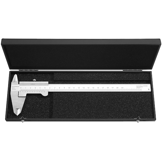 A stainless steel vernier caliper with measurement scale, placed inside a black foam-lined protective case.