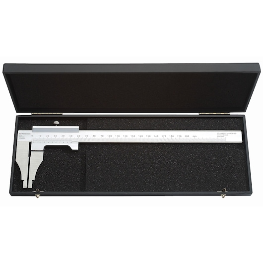 A metal caliper with a measurement scale, presented in an open black foam-lined protective case.