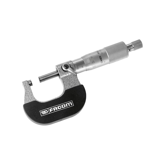 Photo of Facom 806C25 micrometer, silver and black, side angle, precision measuring tool on white background.