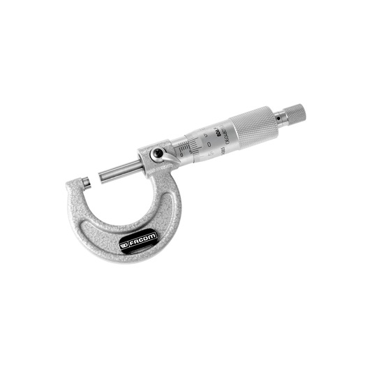 Facom 806F micrometer, silver metal tool side view on white background.
