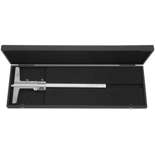 A metal depth gauge caliper in a black protective case with foam padding, used for precision measurements.