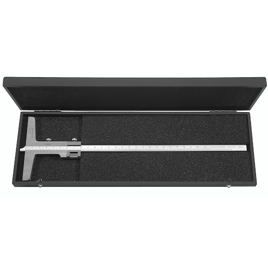 A metal depth gauge with ruler markings, placed in a black foam-lined protective case with the lid open.