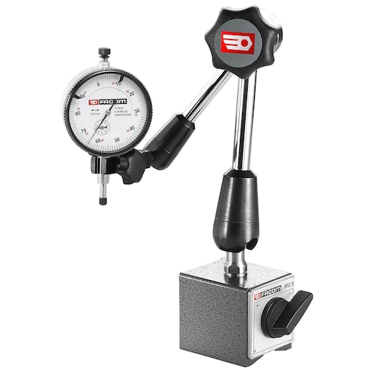 Facom 812A magnetic dial indicator holder with articulated arm, side view on white background.