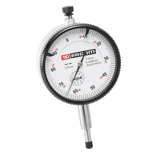 Photo of Facom dial indicator gauge, SKU 812B_AC, white face, black numbers, side angle on white background.