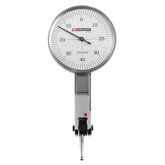Facom 812B_P dial indicator with white face, black markings, and metal body, front angle, measurement tool.