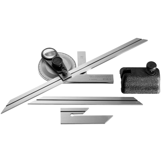 Facom 813B_S precision angle measuring tool set with metal ruler, protractor head, extra blades, photography, top view.