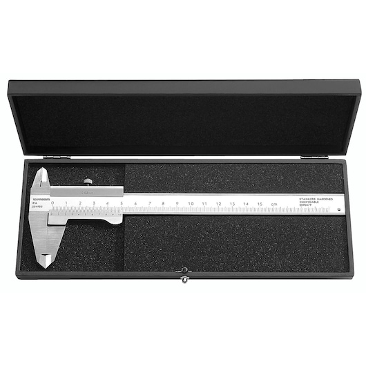 Facom 816 stainless steel caliper in black foam-lined case, top view on white background.