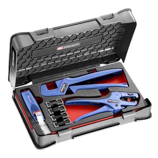 Facom 819810 wire stripping and crimping tool kit in a black case with foam inserts, top angle.