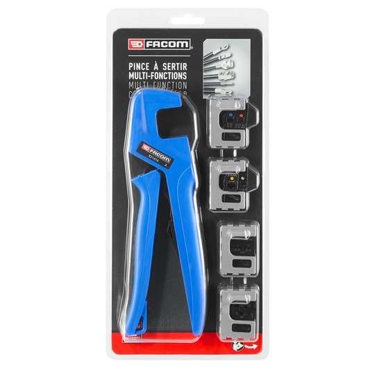 Facom multi-function crimping pliers set with blue handles and four interchangeable jaws in retail packaging, 819832PB, photography, front angle.