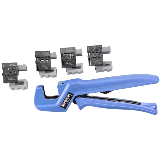 Facom crimping tool with blue handles and five interchangeable black die sets, shown on white background 819832.