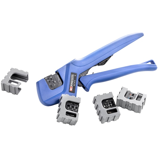 Facom wire crimping tool with blue handle, SKU 819832, shown with four interchangeable gray crimping dies, front angle.