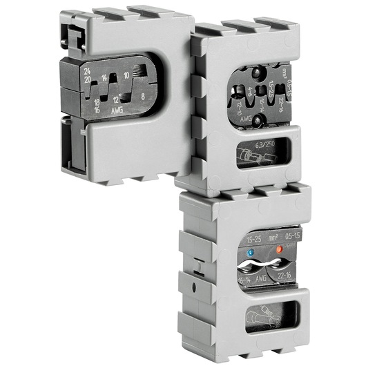 Facom 819832 interchangeable crimping dies set, grey metal, for electrical connectors, angled view on white background.