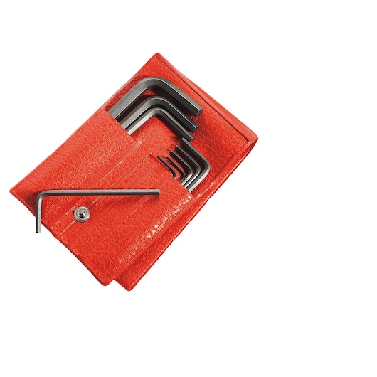 Facom 82H_JE10 hex key set in a red pouch, top view, one key partially removed.
