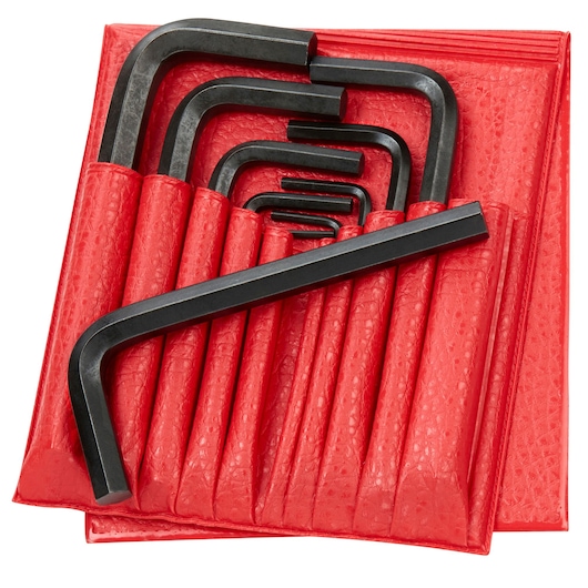 Facom hex key set 82H_JL10 with black L-shaped wrenches in red holder, close-up photo, angled view.
