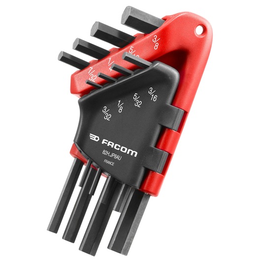 Facom hex key set, SKU 82H_JP8AU, black and red holder, product photography, angled on white background.