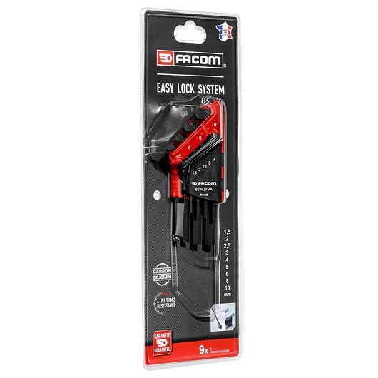 Facom 82H_JP9APB hex key set with easy lock system in retail packaging, angled front view.