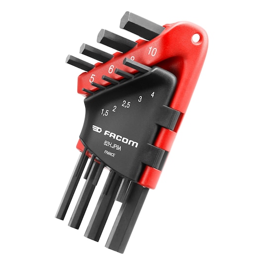Facom 82H_JP9A hex key set in red and black holder, angled front view.