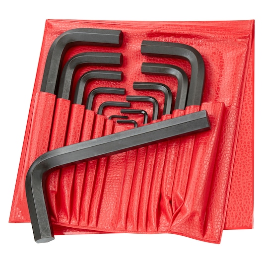 Facom hex key set 82H_JU13 in black, organized in red pouch, top view on white background.
