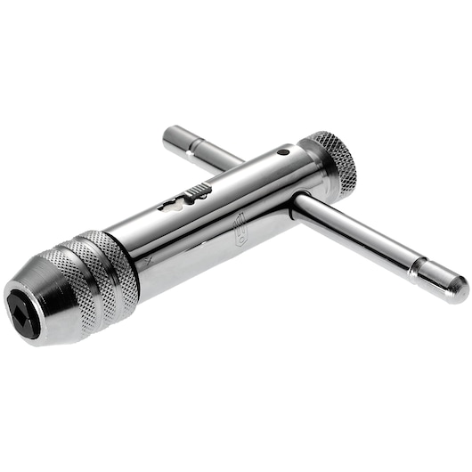 Photo of Facom ratcheting tap wrench, chrome finish, T-handle design, 830A10, on white background.