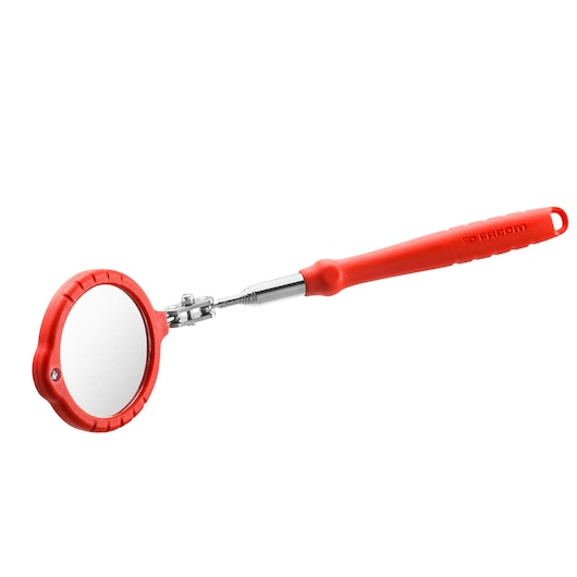 Facom 834B_RTI telescopic inspection mirror with red handle, round adjustable mirror, white background.