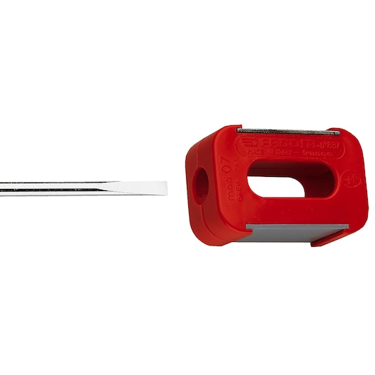 Facom 837 red blade sharpener and flat blade on white background, photography front angle.