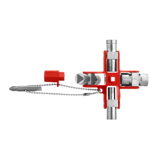 Facom 838305 universal utility key with red body, four-way sockets, and chain with bits, front angle.