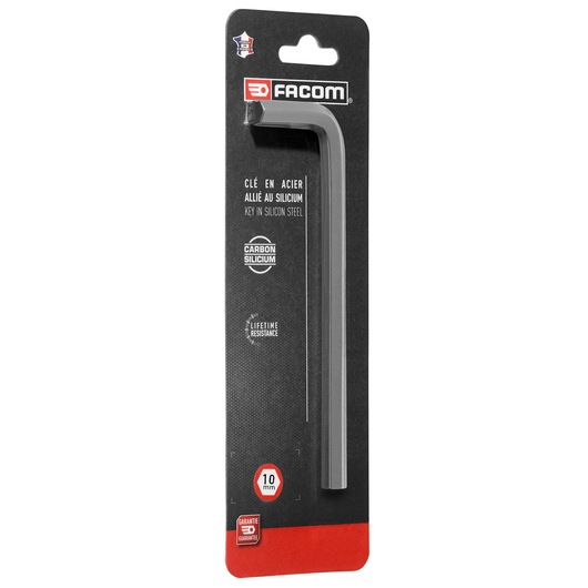 Photo of Facom HEX key 10mm METRIC_LONG_HEX_KEYS_10MM in silicon steel, black packaging, front angle.