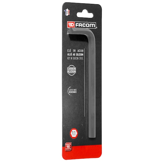 Facom 11mm metric long hex key in black silicon steel on retail packaging, front angle.