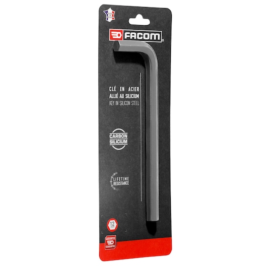 Facom HEX_KEYS 83H_12PB_P2 L-shaped hex key in silicon steel on black and red packaging, front angle.