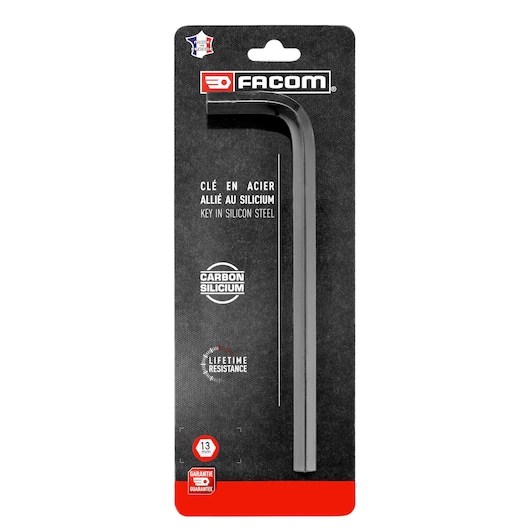 Facom 13mm long metric hex key silicon steel, black finish, front angle on retail packaging, METRIC_LONG_HEX_KEYS_13MM.