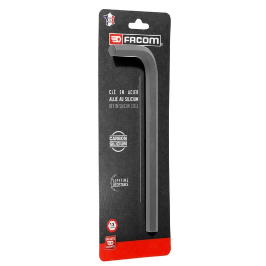 Facom 13mm long metric hex key, black L-shaped steel, in retail packaging, METRIC_LONG_HEX_KEYS_13MM.