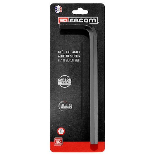 Photo of Facom 83H_14PB silicon steel hex key, 14 mm, in retail packaging, front angle view.