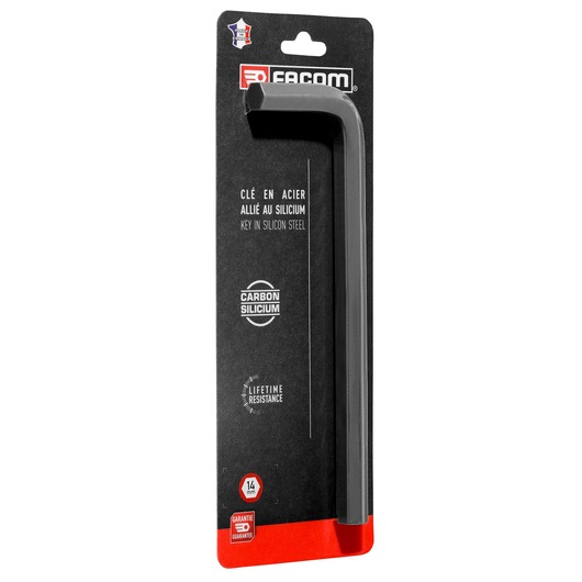 Facom 83H_14PB hex key 14 mm in silicon steel, black finish, front angle on white background, packaged.