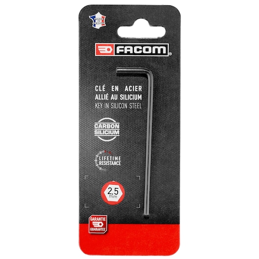 Facom 83H_2_5PB silicon steel hex key 2.5mm, black finish, on branded card packaging, front angle.