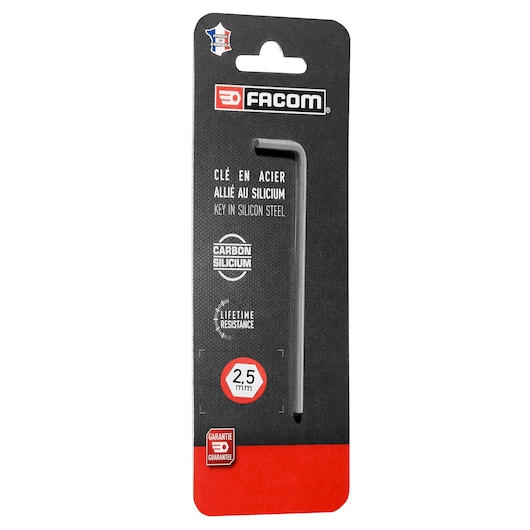 Photo of Facom 83H_2_5PB silicon steel hex key, 2.5 mm, in black and red blister packaging, front angle.