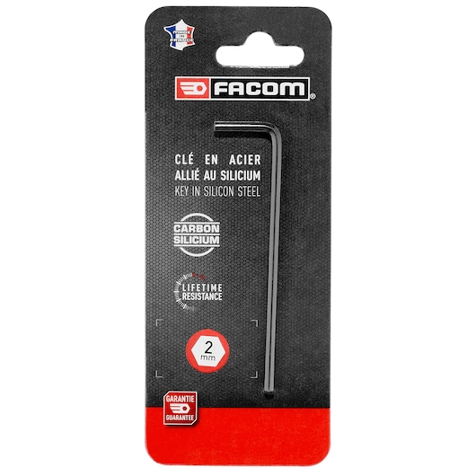 Facom 83H_2PB silicon steel 2 mm hex key in black, front view on retail card packaging.