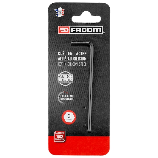 Facom 3 mm long hex key, silicon steel, black finish, front angle, packaged with lifetime resistance guarantee, METRIC_LONG_HEX_KEYS_3MM.