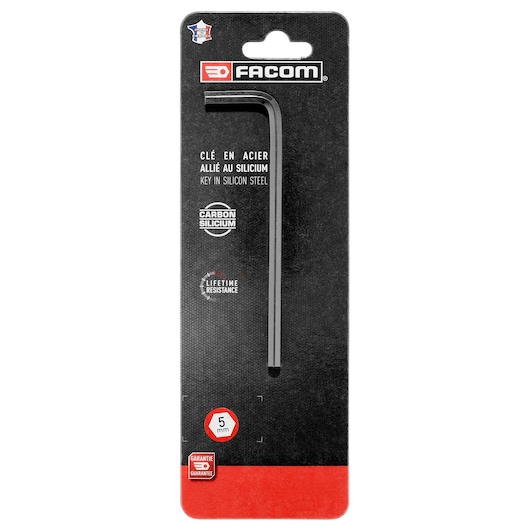 Facom metric long hex key 5mm in silicon steel, black finish, front angle, SKU METRIC_LONG_HEX_KEYS_5MM.