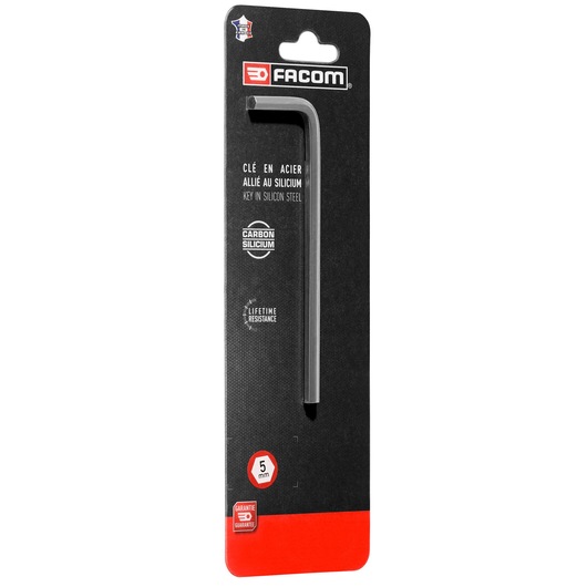 Facom 5mm long metric hex key on retail card, black L-shaped steel tool, front product photo METRIC_LONG_HEX_KEYS_5MM.