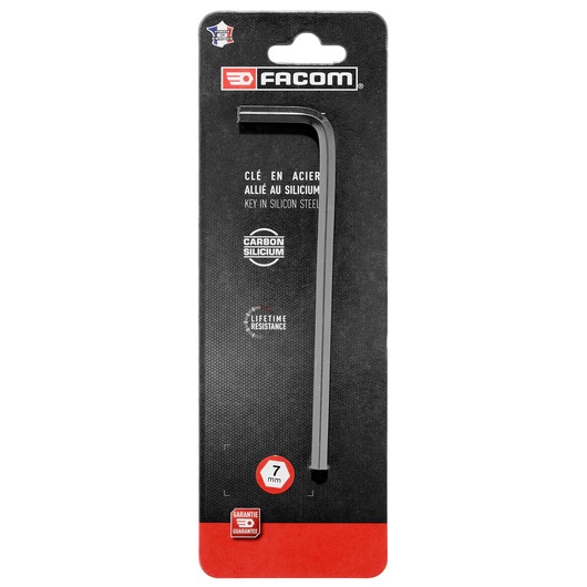 Facom long metric hex key 7mm, black silicon steel, L-shape, front packaging view, 83H_7PB_P1.