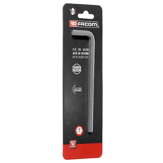 Facom 83H_7PB_P2 metric long hex key 7mm in silicon steel, front view on packaging, SKU METRIC_LONG_HEX_KEYS_7MM.