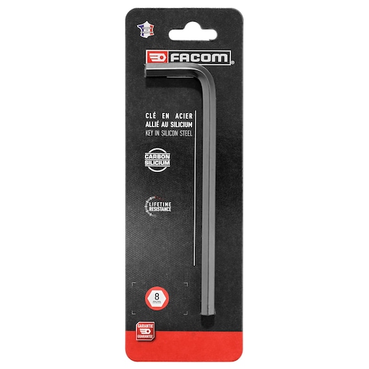 Photo of Facom HEX_KEYS 83H_8PB_P1 silicon steel hex key, 8 mm, in black packaging, front view.