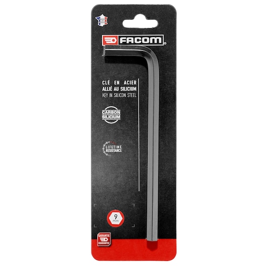 Facom 83H_9PB hex key, 9mm silicon steel, front angle, on branded black and red packaging.