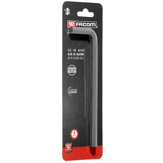Facom 83H_9PB silicon steel hex key 9mm, front angle on black and red packaging.