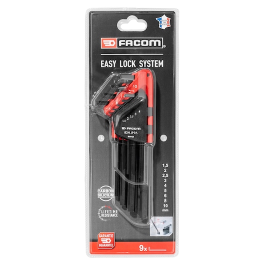 Photo of Facom 83H_JP9APB hex key set with Easy Lock System in red and black packaging, front angle.