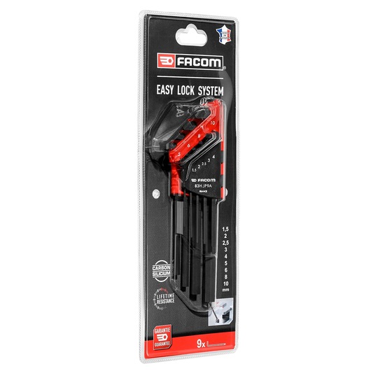 Photo of Facom 83H_JP9APB 9-piece hex key set, black and red, in retail packaging, angled on white background.