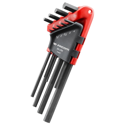 Facom 83H_JP9A hex key set, black and red, various sizes in plastic holder, angled view on white background.