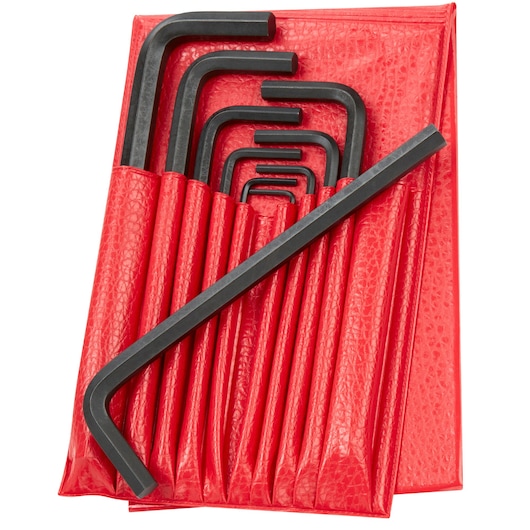 Facom hex key set in black, arranged in a red folding pouch, SKU 83H_JU10, top view on white background.