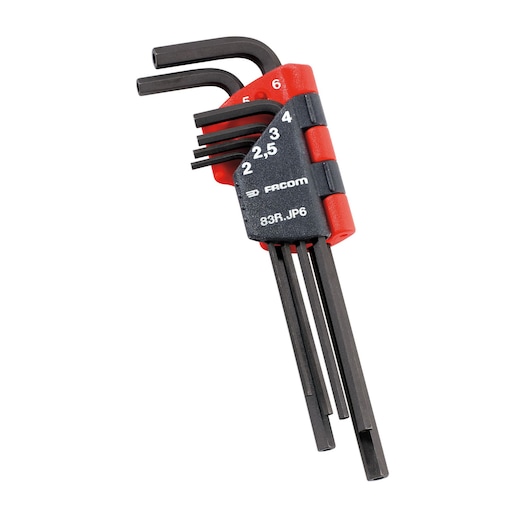 Facom 83R_JP6 hex key set with six black L-shaped wrenches in a red and black holder, front angle.