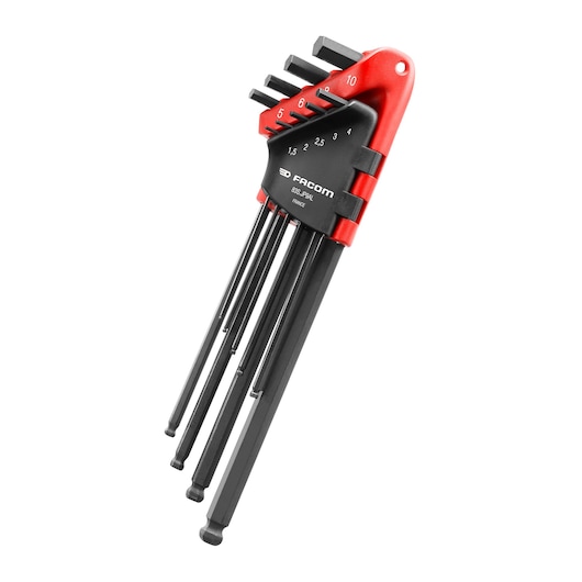 Facom hex key set SKU 83S_JP9AL with nine black ball end wrenches in a red and black holder, angled on white.